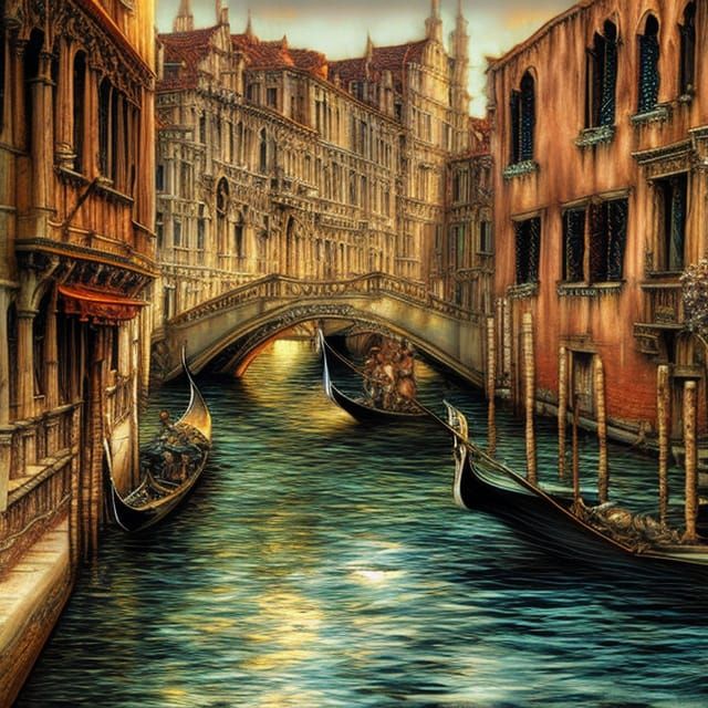 Renaissance venice canal, by arthur Rackham, by Finnian MacM...