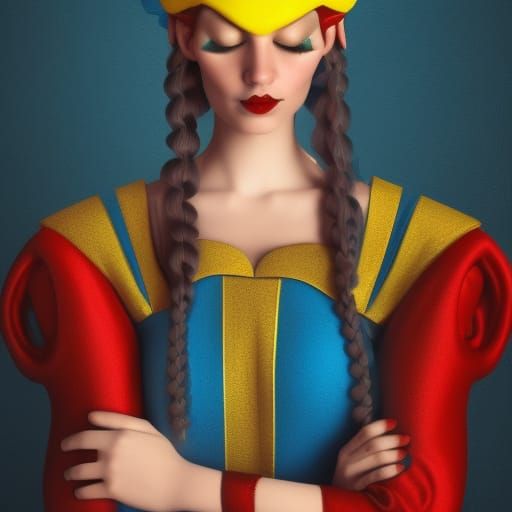 young woman, jester, sad, medieval, blue, red, yellow, black...