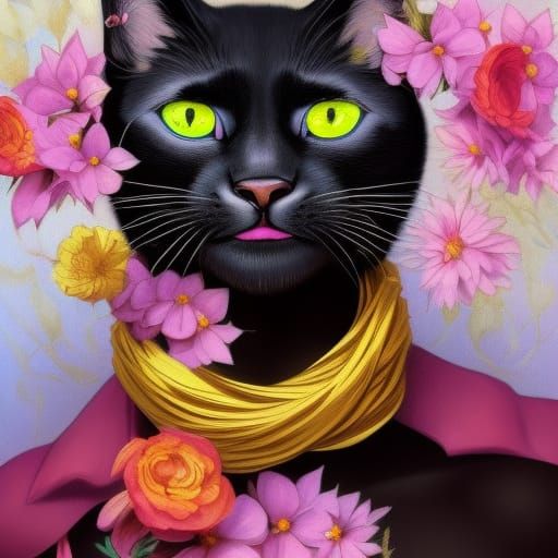 furry feline, black, feminine, smug smile, lush colorful flo...