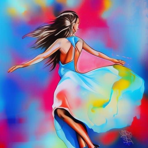 a girl dancing in a flowing blue dress and reddish heels