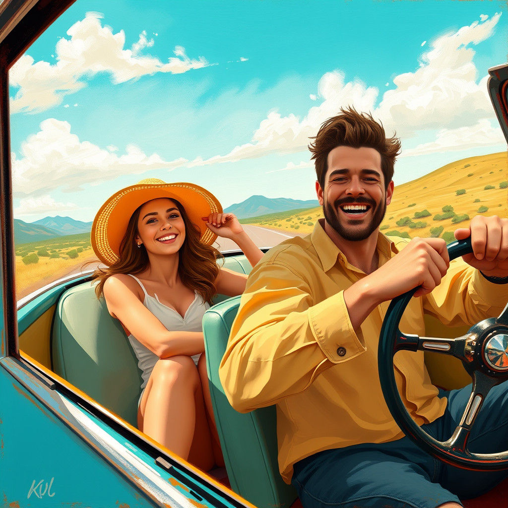 Carefree Road Trip in Playful Artistic Style