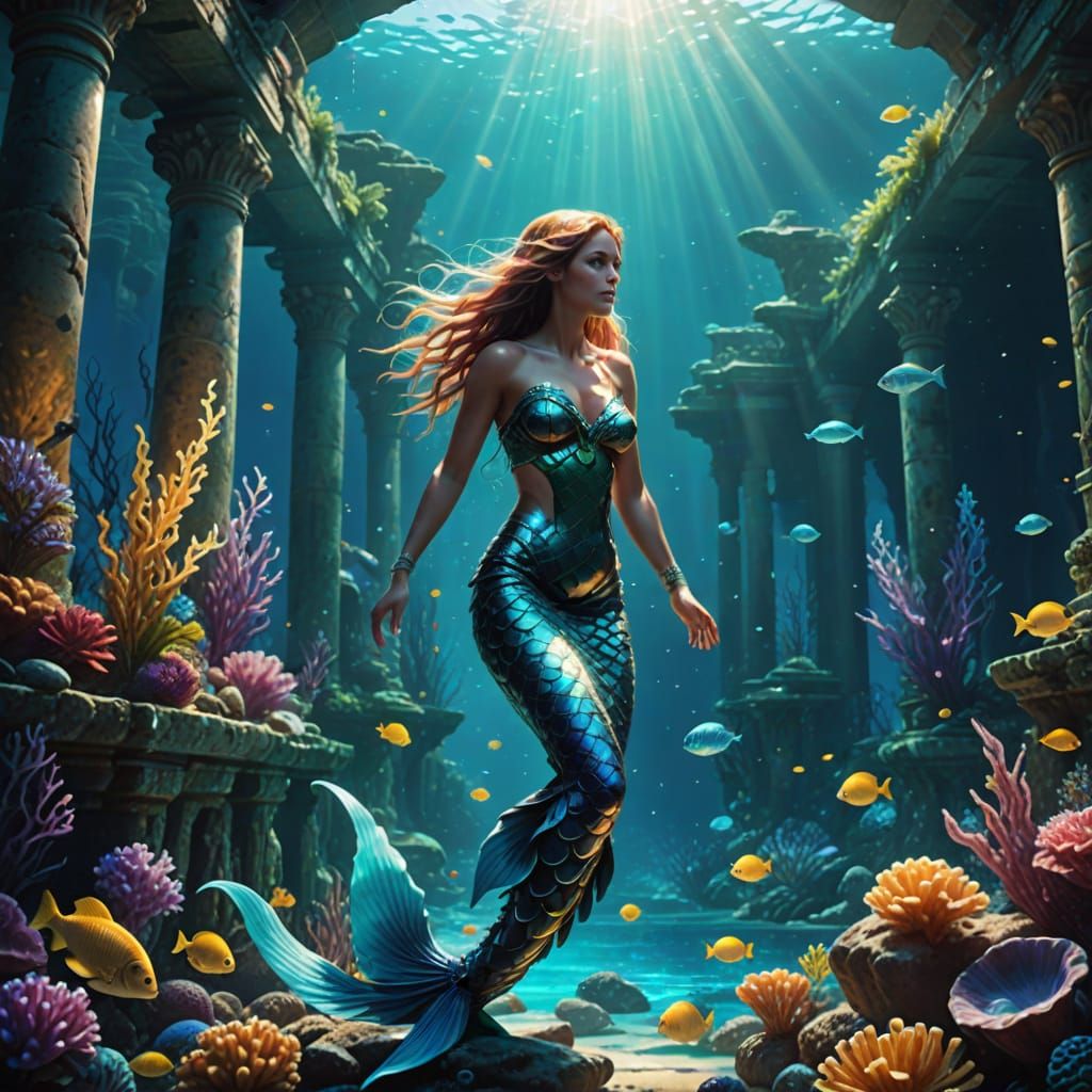 realistic mermaid swimming gracefully through the glowing ruins of the lost city of Atlantis  by @giggle