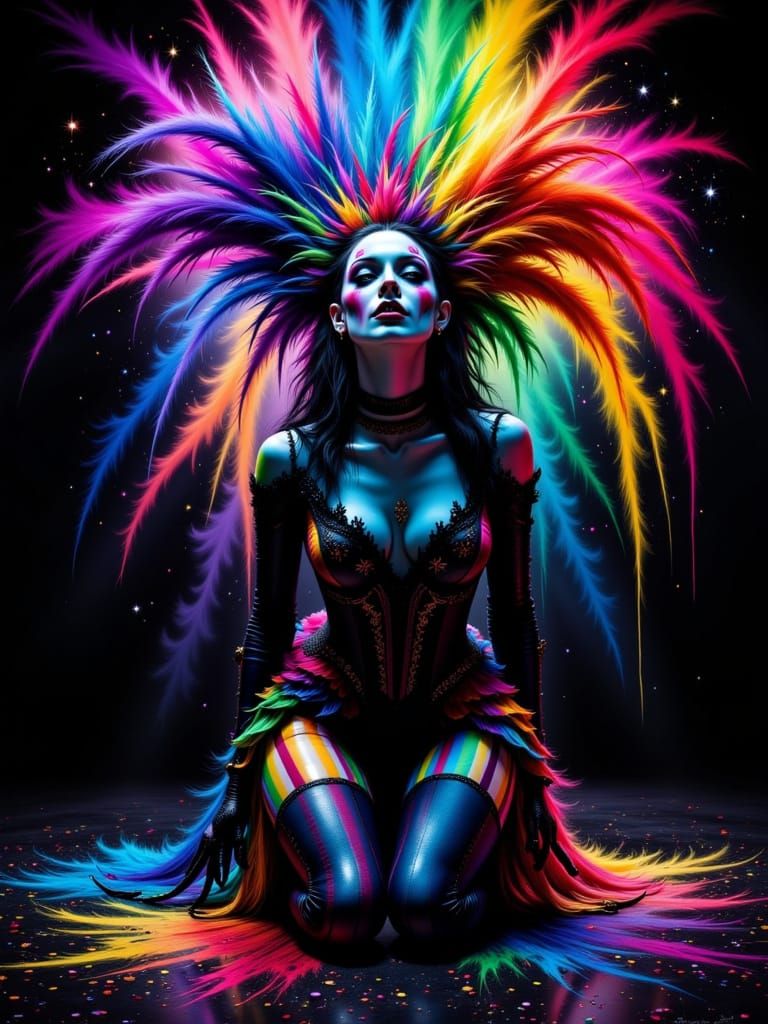 Gothic Cabaret Woman Expels Psychedelic Rainbow Glitter