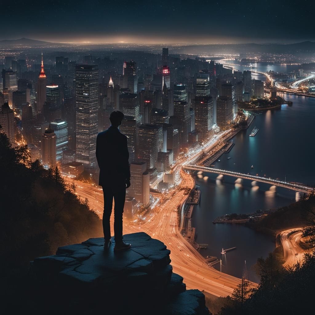 Someone standing on a cliff at night overlooking a busy city...