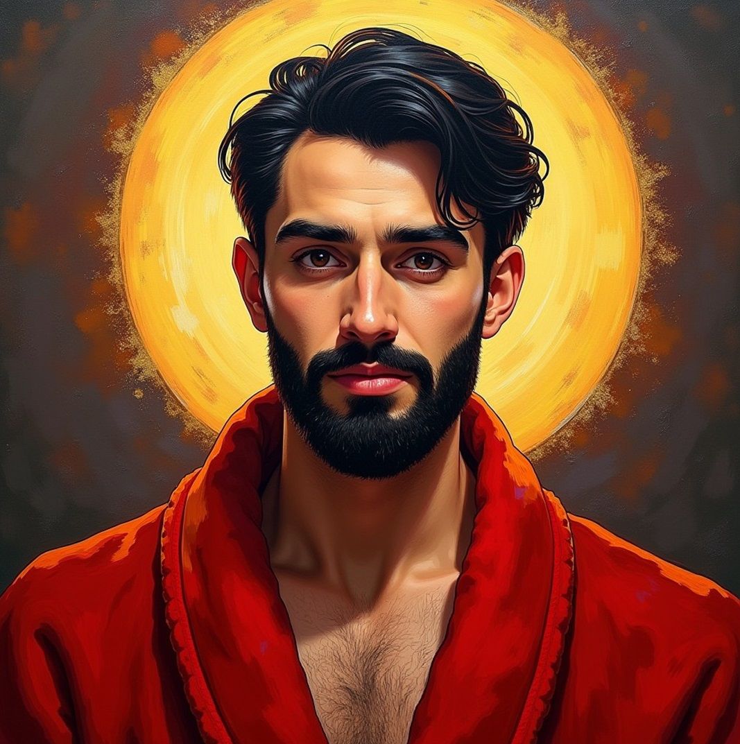A handsome, shy  bearded man wearing a   red    bathrobe