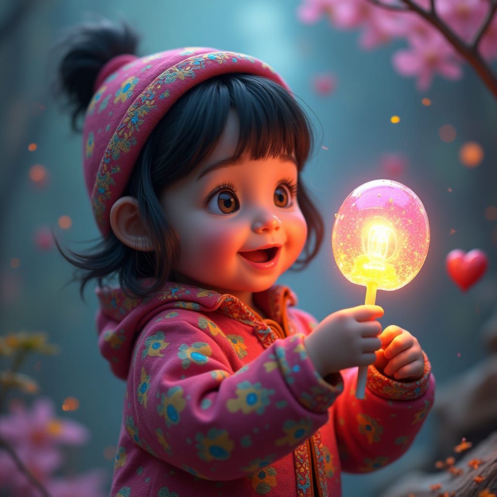 Child Unwraps Glowing Lollipop in Fantasy Landscape
