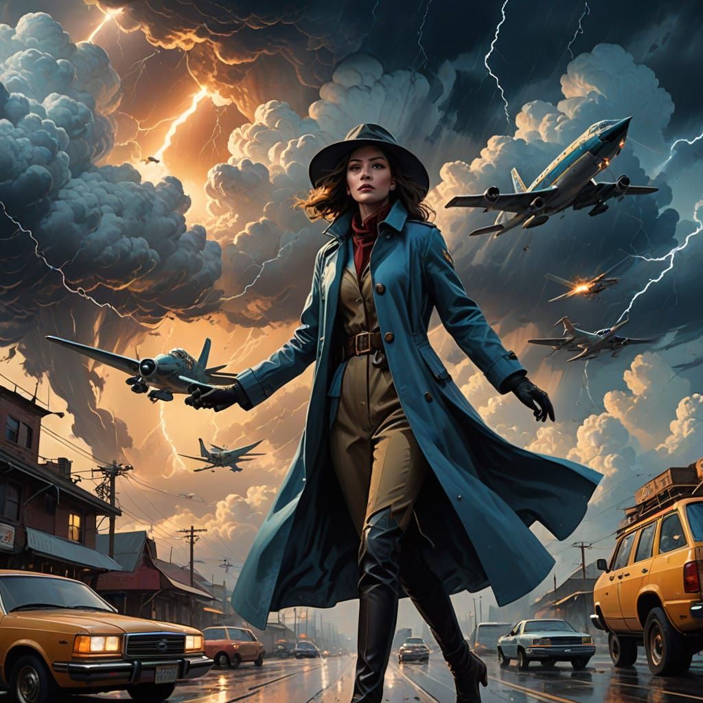 Woman in Turbulent Skies, Flying Plane Amidst Thunderstorm