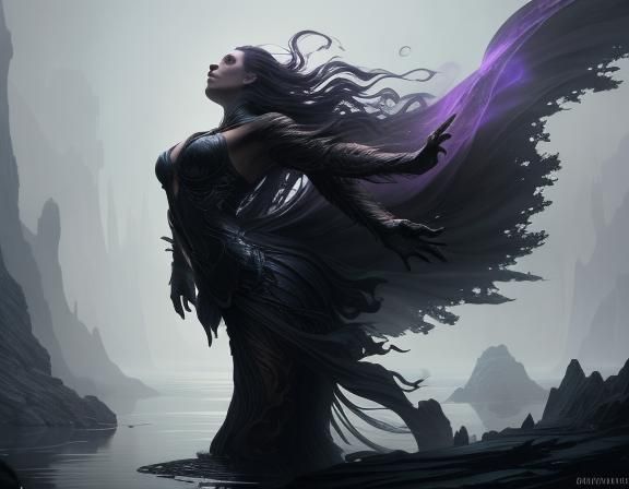 woman made of pure light, climbing out of a black pool