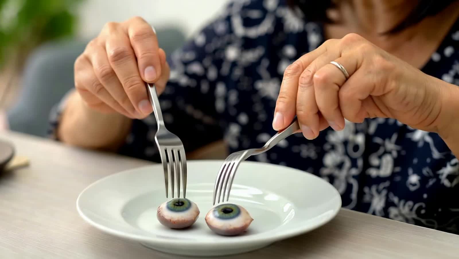Two eyeballs lying on the plate. Blind woman sticks fork to each one of them with both hands and sticks them in her mout...