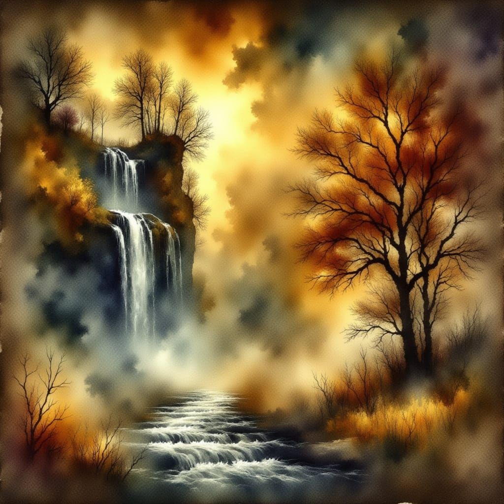 watercolor impressionism: a waterfall in an autumnal scenery, the river flows away into a dark golden mystic realm, ghost-like image, ominou...