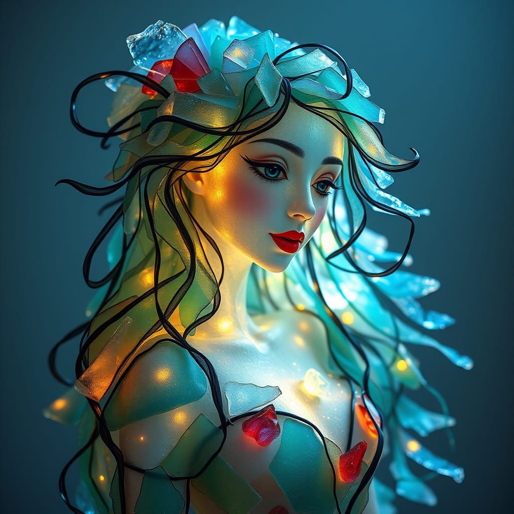 a sculpture of a beautiful woman made entirely of sea glass, insanely detailed, surreal, burton style ...  by @Kelli Benjamin-Limae Creations