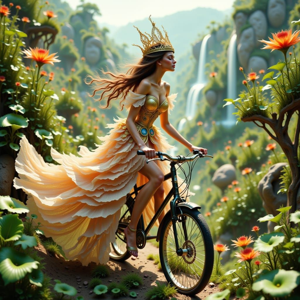 <lora:Eco Flow:1.0> EXQUISITELY beautiful extremely INTRICATE blissful model queen on a bicycle MASTERPIECE