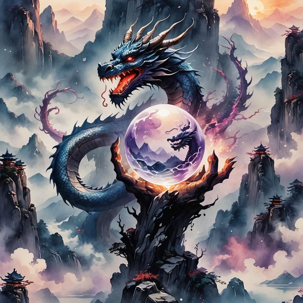 Dragon Claw Grasping Orb in Chinese Watercolor