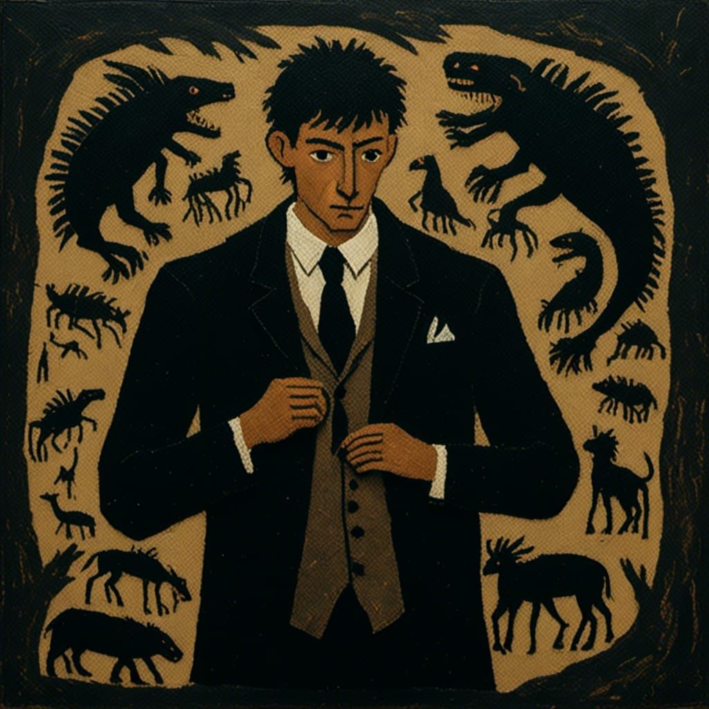  <lora:Stone Age Silhouette:1.0> A close-up portrait of a man in a black suit, adjusting his tie in a dimly lit room