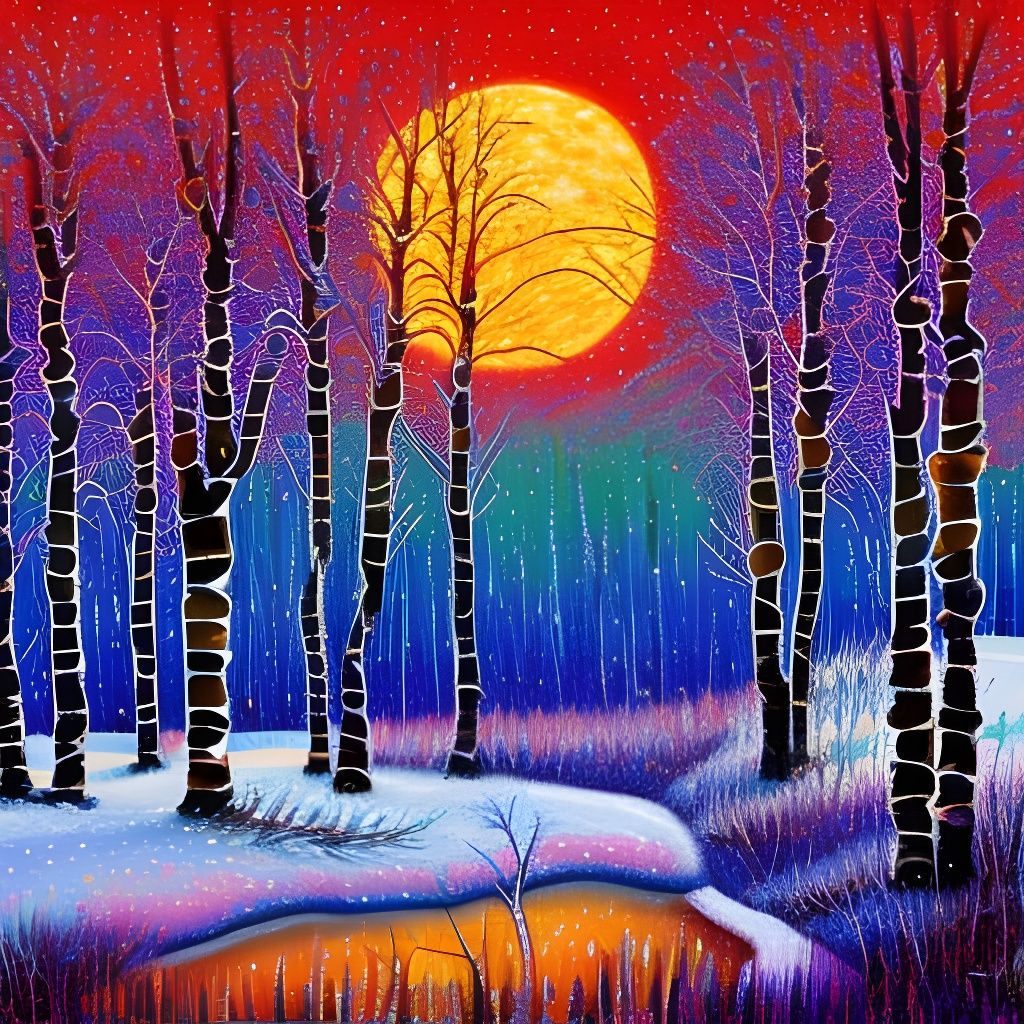 Birches, winter landscape, moonrise,art by iris scott