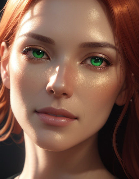 Hyperrealistic concept art. Mid shot. A blue-eyed, freckled young Caucasian woman stands in a colorful background. Close-up. Splash art styl...