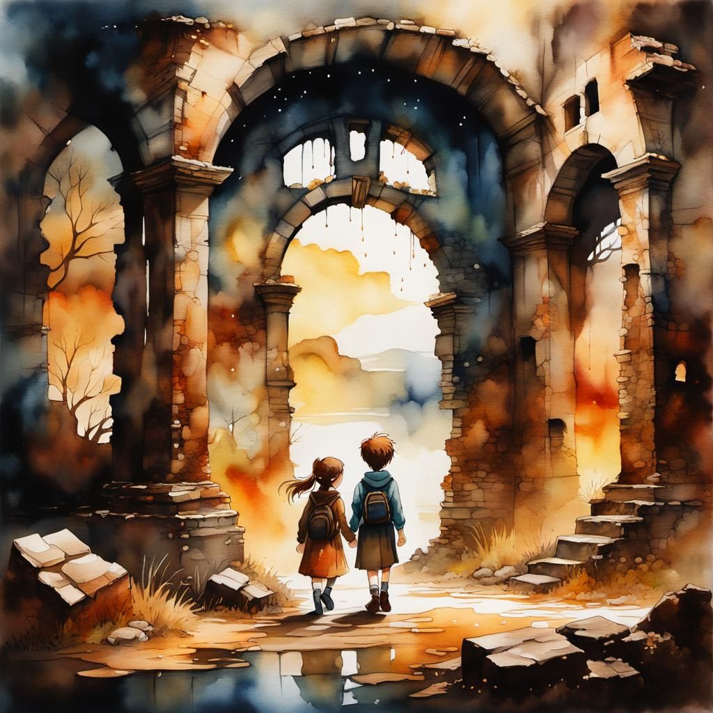 Background siblings wandering around old ruins from years long past,  brown watercolor alcohol ink painting ...  by @Jen