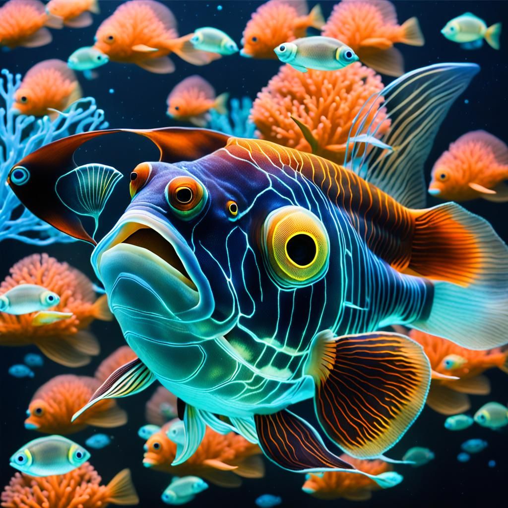 A beautiful fish with a transparent body and bioluminescent ...