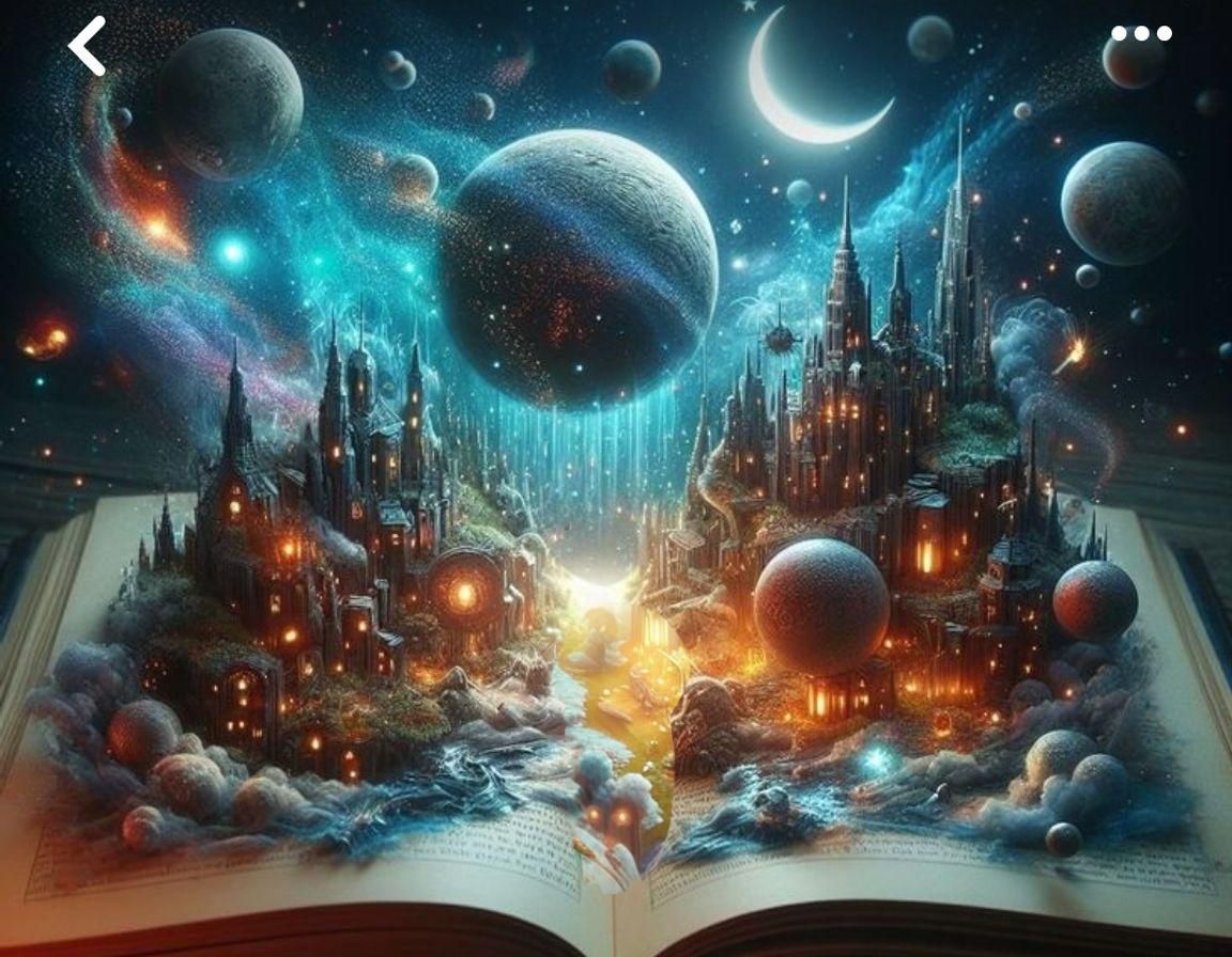 Worlds and moons coming out from a book