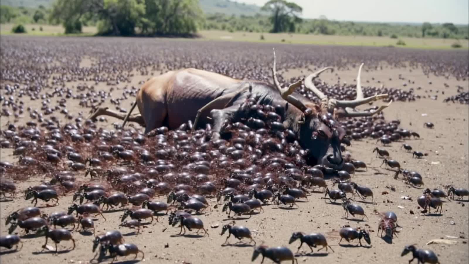 Billions of ants are carrying away the dead buffalo.