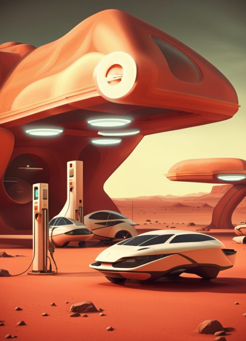Gas station on Mars with floating cars like matrix