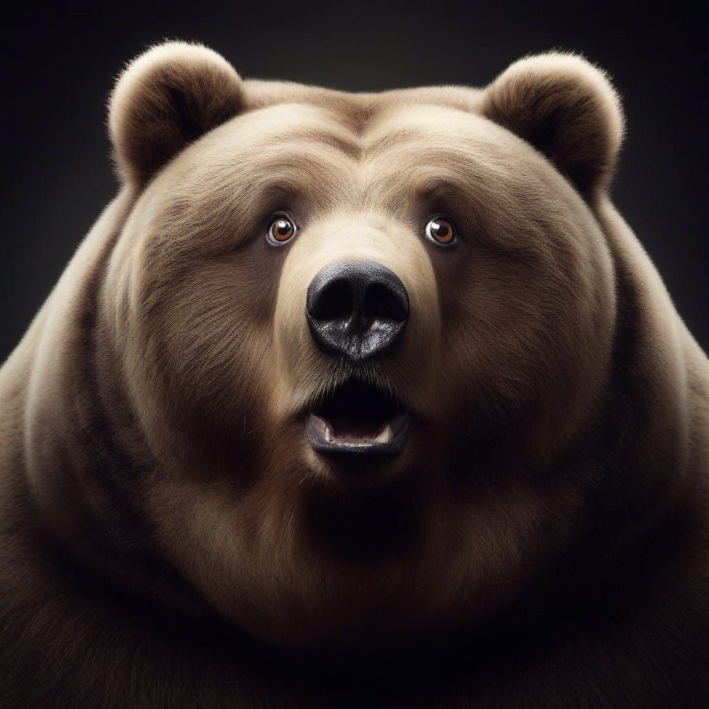 Close-up Photograph: Obese Kodiak Bear; concerned standing sarcastic; mockingly surprised expression; pale eyes shimmer in darkness; pitch-d...