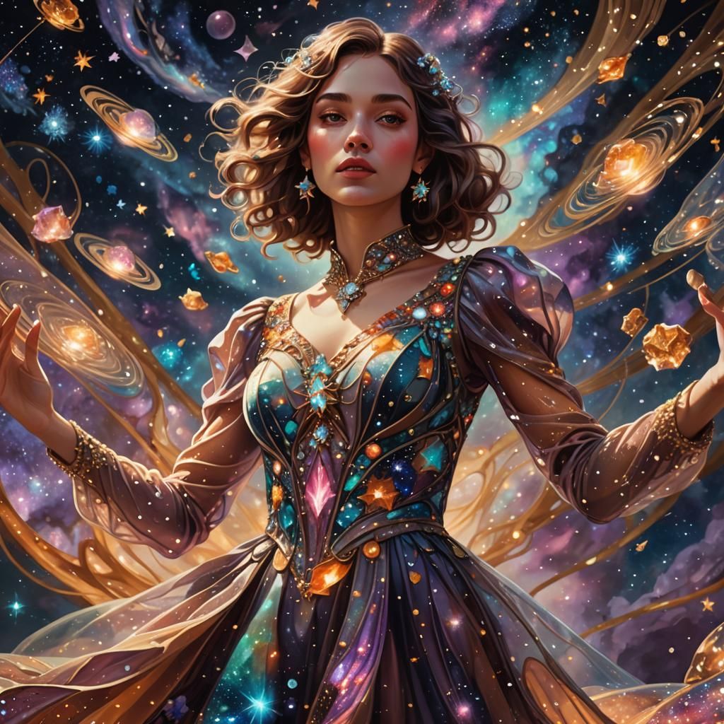 Girl in Gem-Encrusted Dress Amidst Floating Galaxies