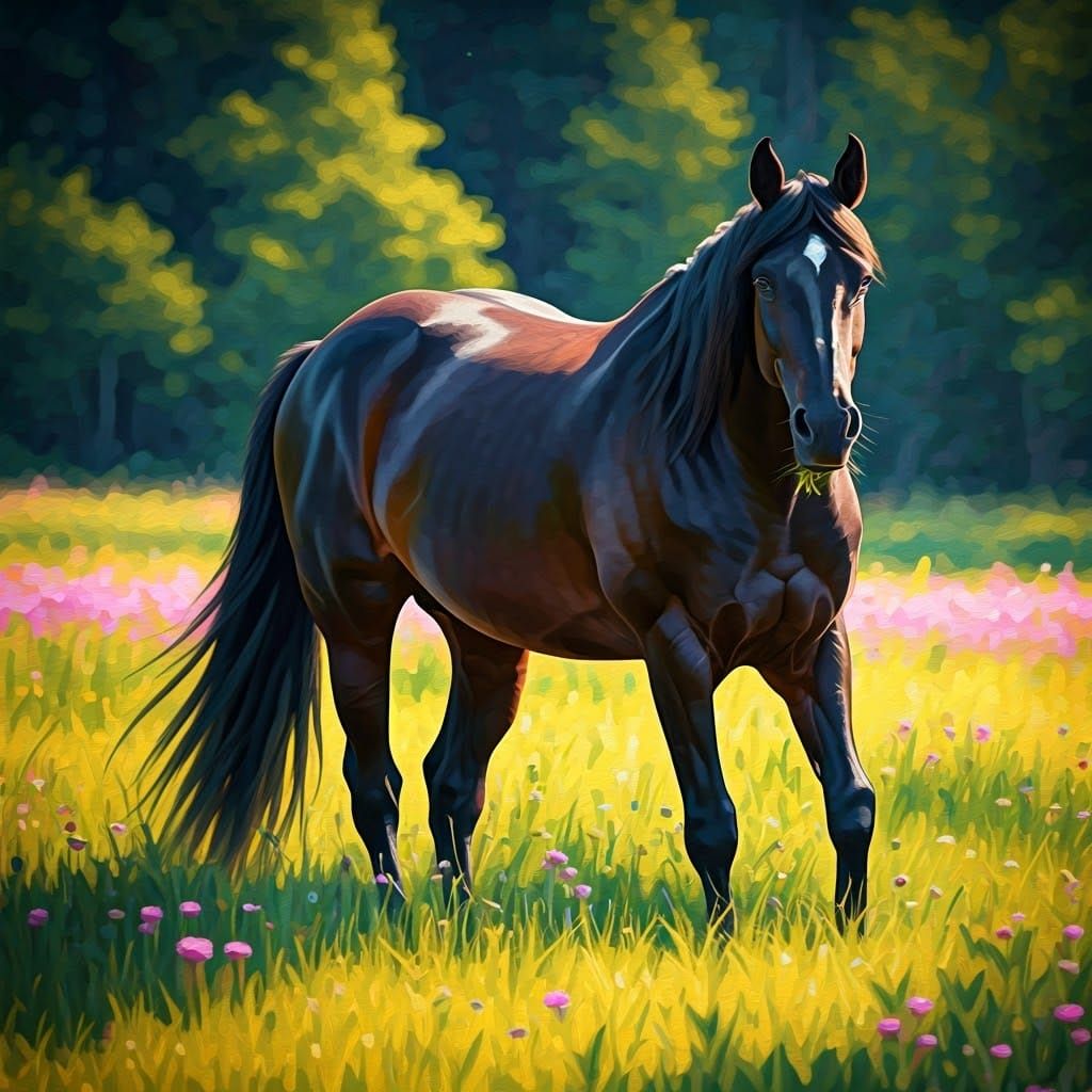 Majestic Horse Grazing in Lush Meadow