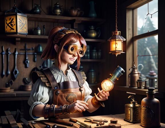 a female gnome repairing an automaton at a workbench. 3D Game Cinematic Feel, Epic 3D Videogame Graphics, ...  by @Amanda