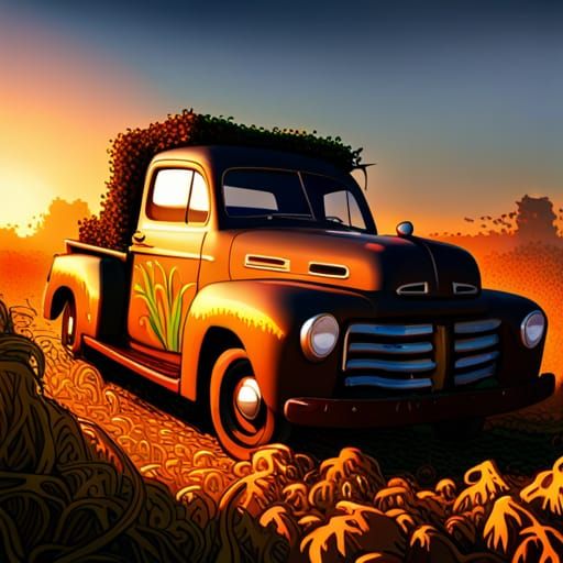 An old black ford pickup truck lined with vines from the ins...