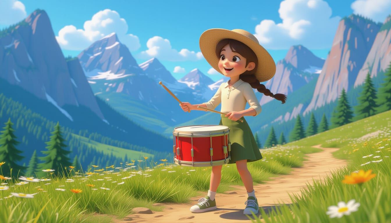 Animated Girl Plays Drum on Mountain Path