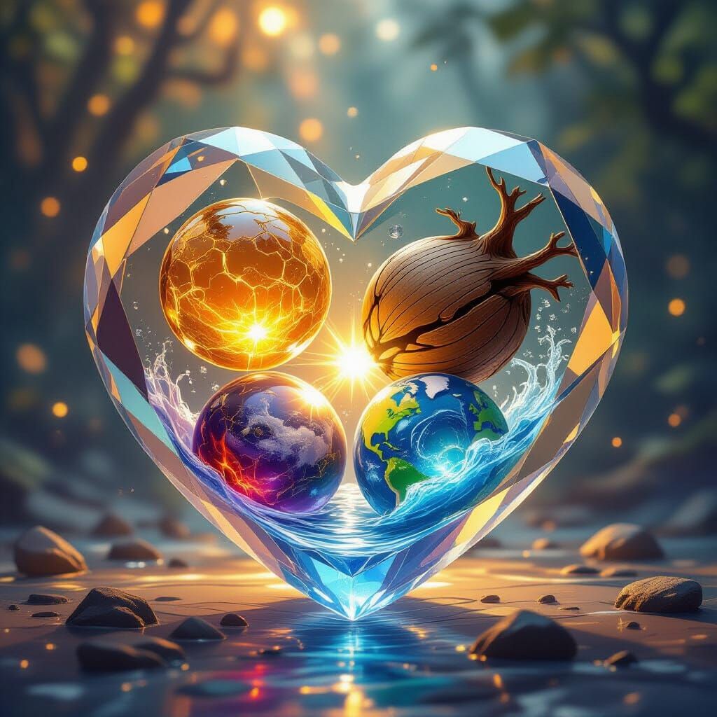 Surreal Crystal Heart With Five Colliding Worlds