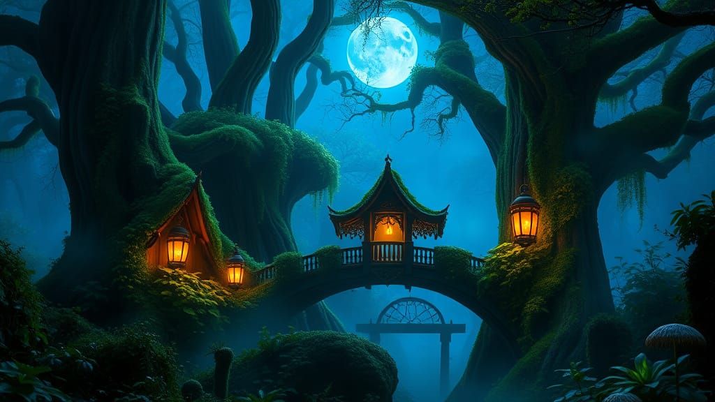 "A mystical elven forest at night under a glowing blue moon. Ancient, colossal tree trunks shaped like forgotten temples rise through thick,...