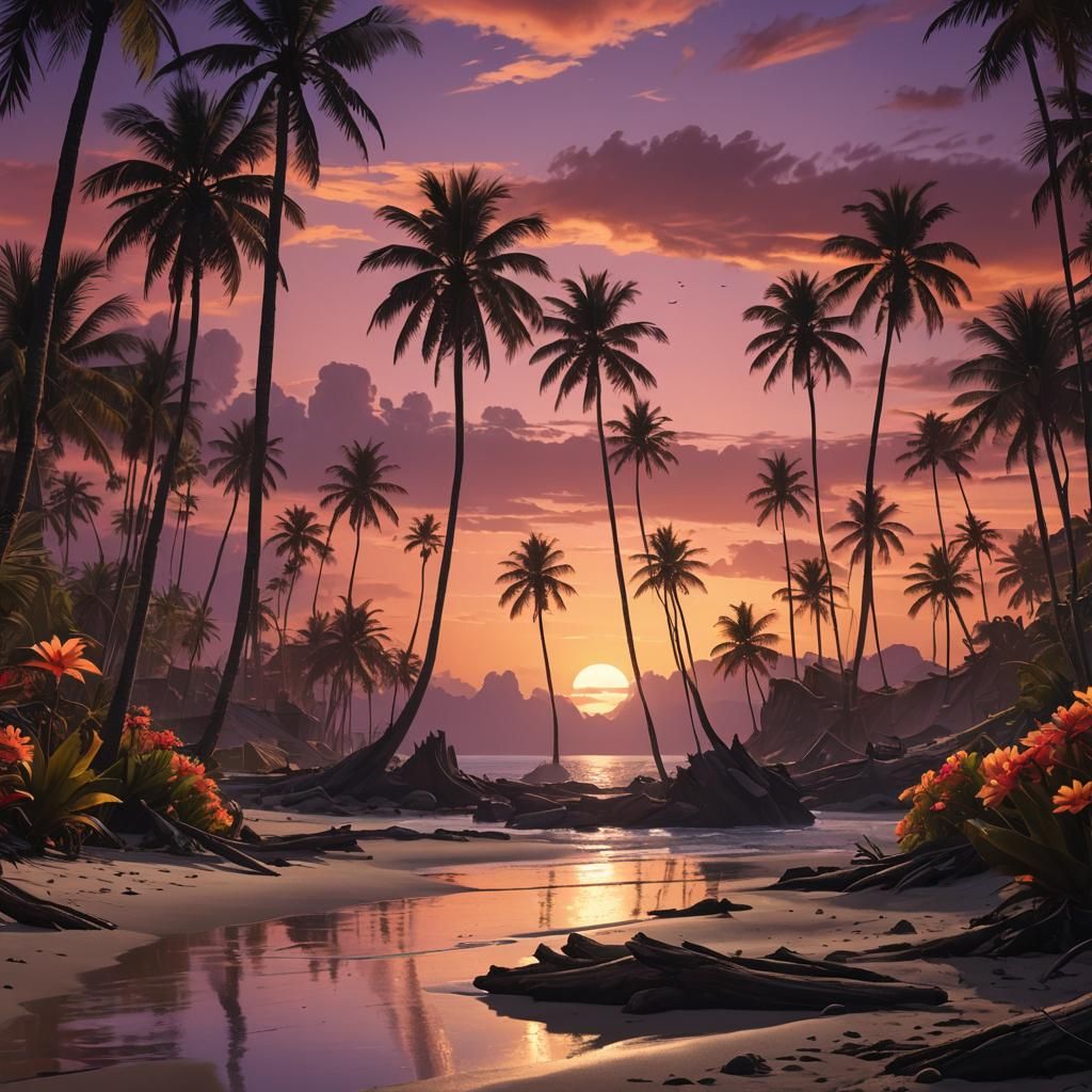 Sunset Beach Digital Matte Painting in Syd Mead Style