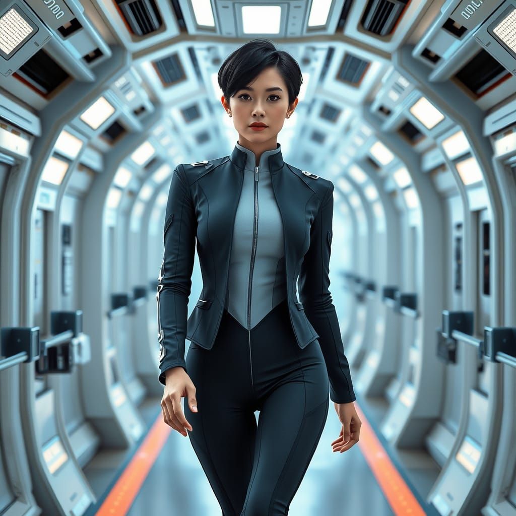 Asian Woman in Spaceship Corridor, Photorealistic Ray Tracin...