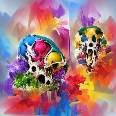 Abstract Maximalist colorful flower skulls skeletons