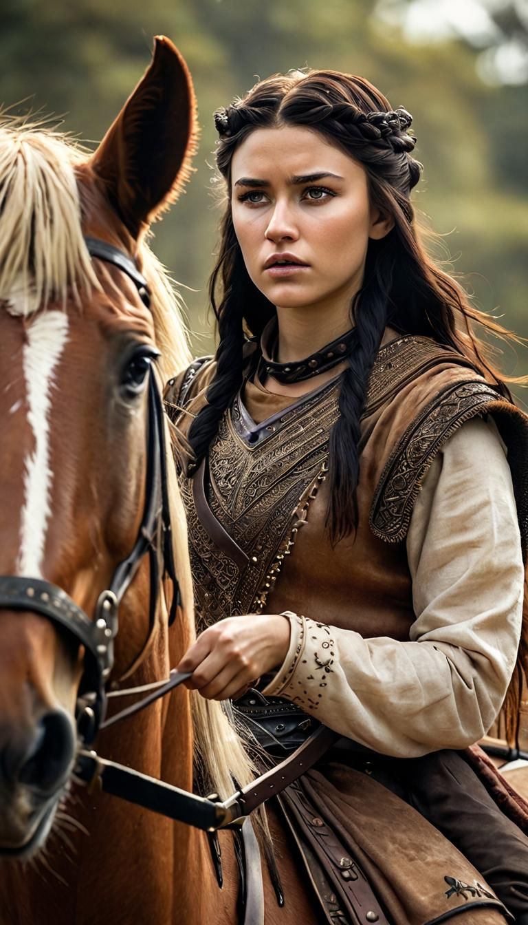 A dothraki cavalrywoman wearing traditional dothraki costume on light ...