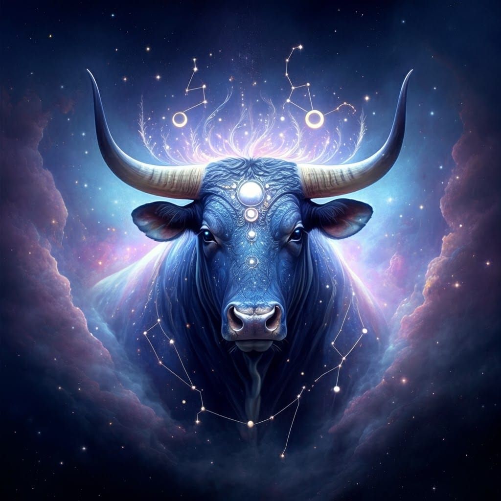 Celestial Bull in Starry Nebula, Surreal Sci-Fi