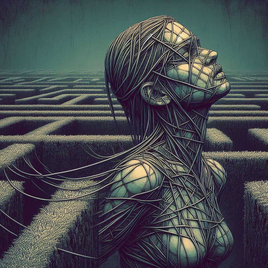 A surreal image of a woman constructed from strings in a hedge maze. The artwork features muted colors and distorted for...