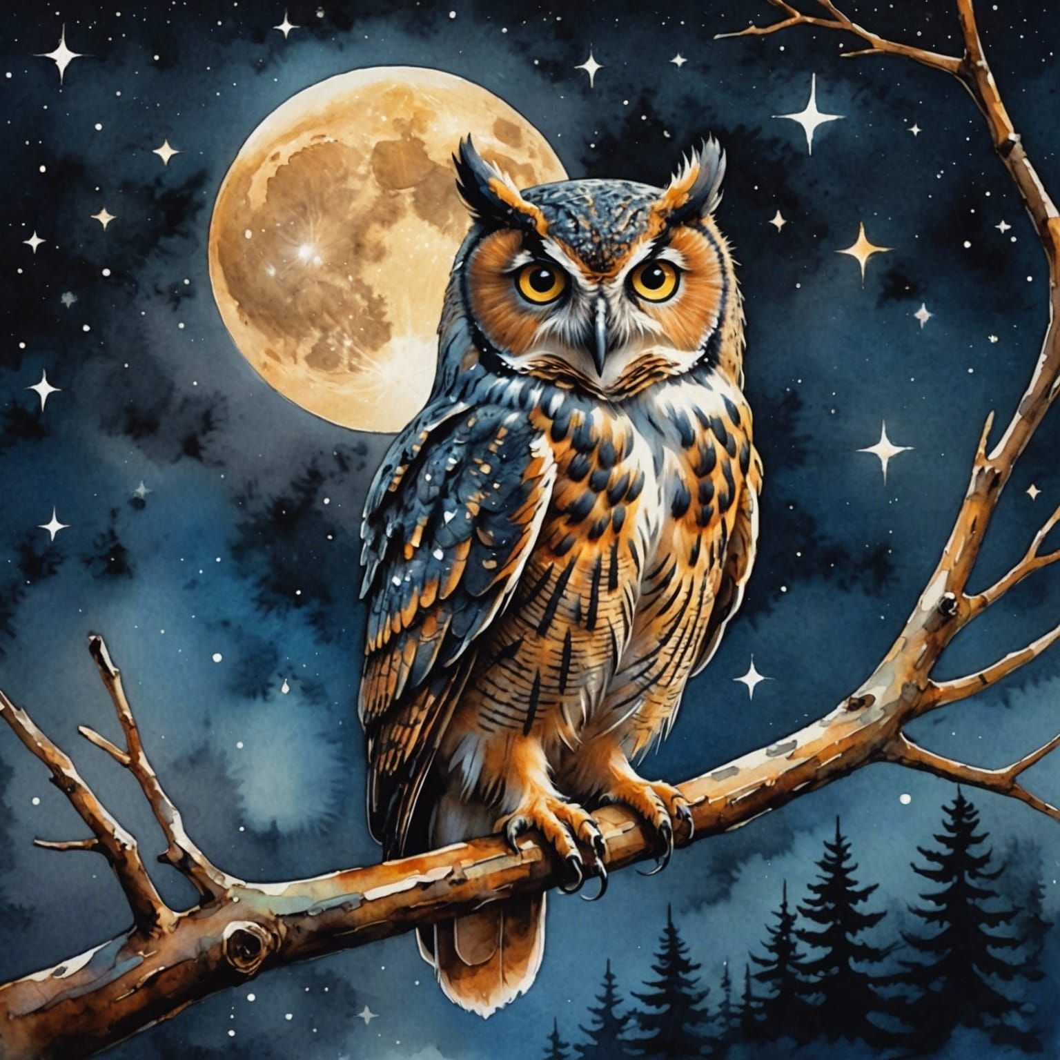 owl on a branch, night, stars, moon, watercolor