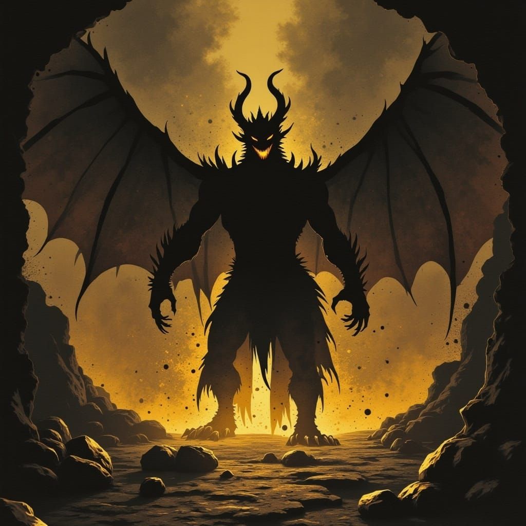 extreme close-up of an angry, scary dragon Silhouette, back lit by eerie feeling catacombs filled with gold items and glistening expensive g...