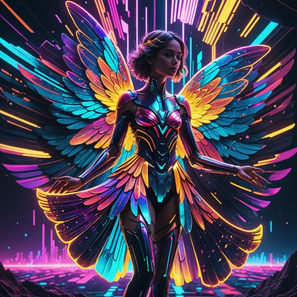 Glowing Wings in Synthwave Neon Astral Illustration