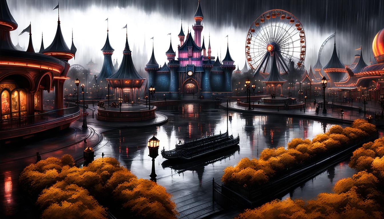 charcoal sketch; urban goth punk; "Disneyland By Night" rain...