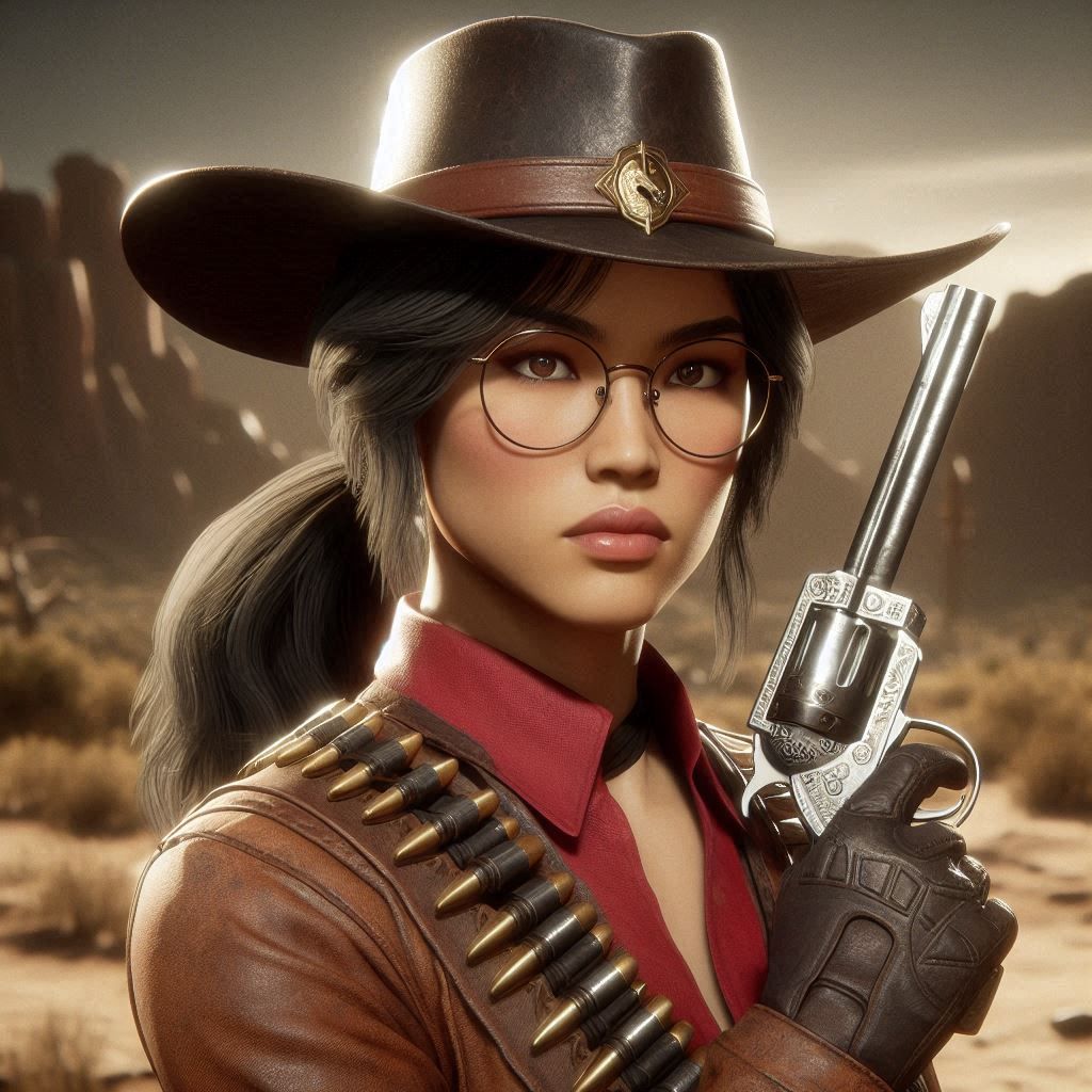 Titaness Kitana in a cowgirl outfit with a revolver at a desert in Texas in 1890