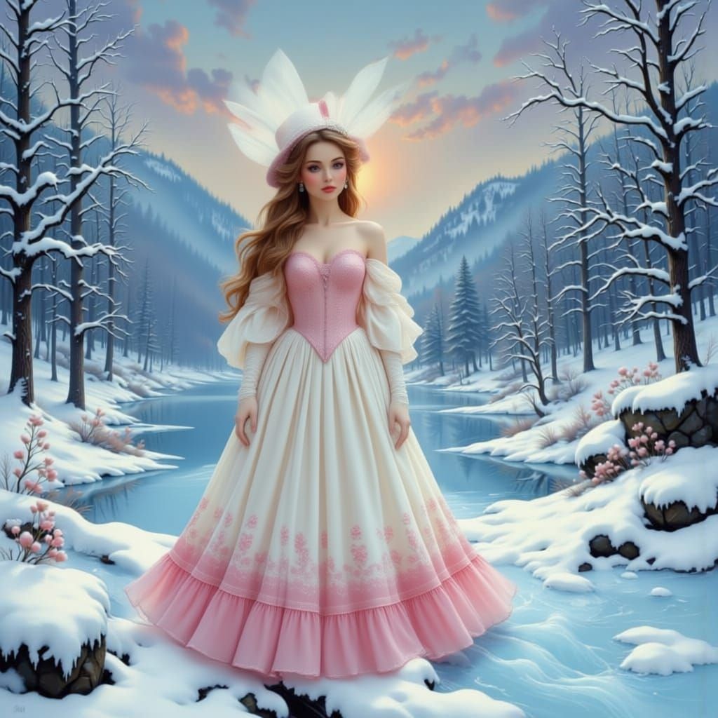 Winter Fairy Above Frozen Lake at Twilight