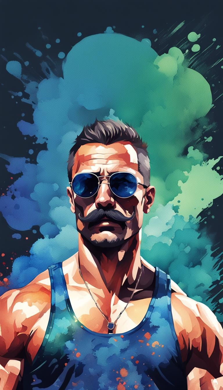 Muscular Man with Mustache in Watercolor Painting