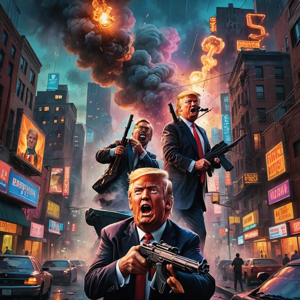Donald Trump Shooting Rifle in Cityscape, Hyper-Realistic Ar...