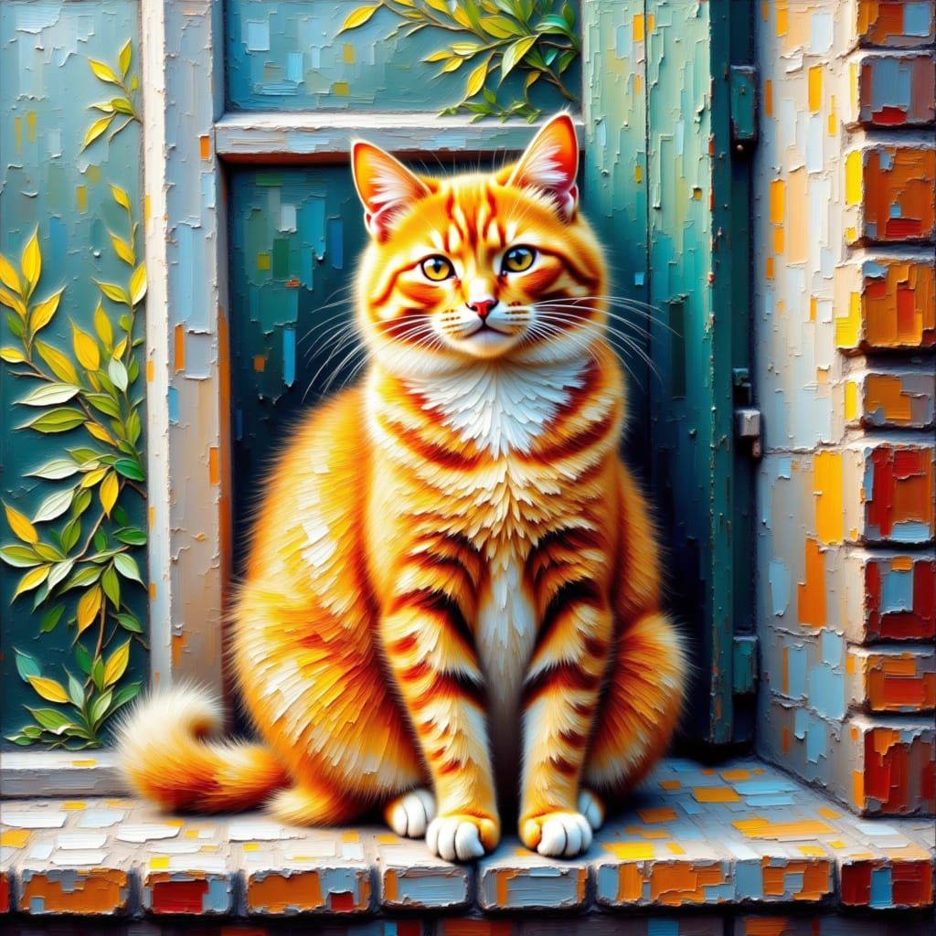 <lora:Impasto 1-01:1.0> textured impasto oil painting of ginger cat sat on windowsill
