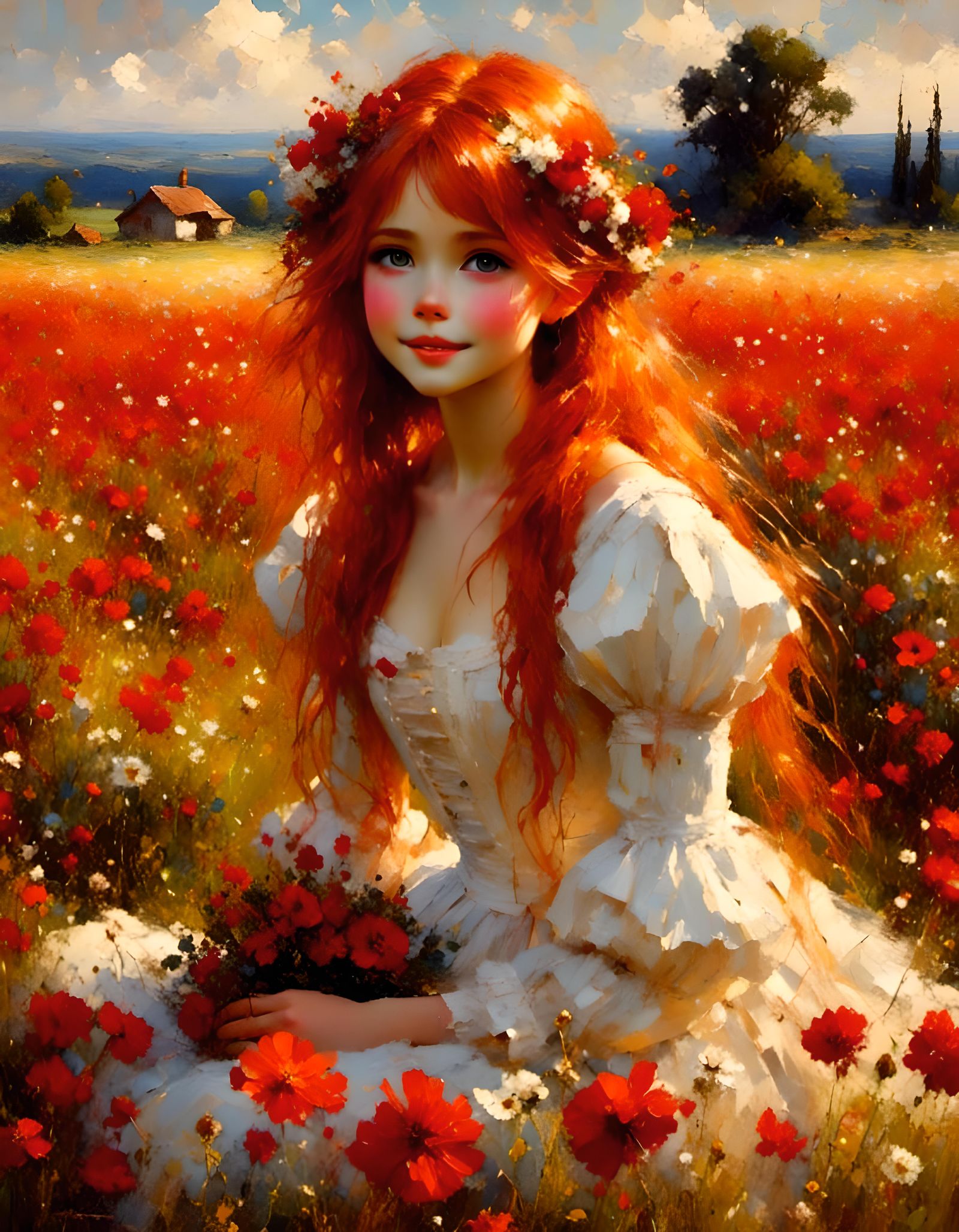 Smiling Redhead in Flower Field, Anime Style
