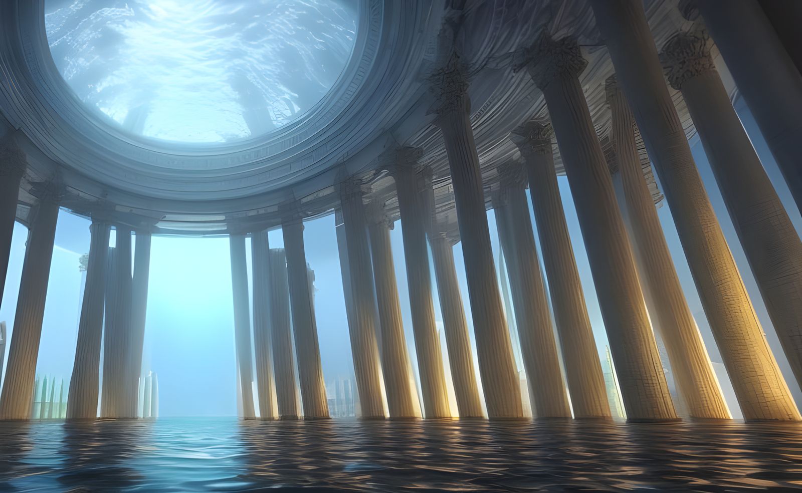 A hyper-realistic image of an underwater glass temple with a...